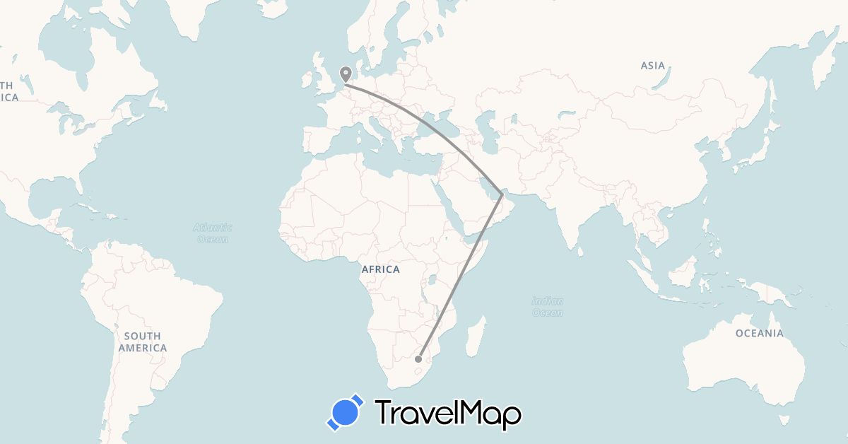TravelMap itinerary: driving, plane in United Arab Emirates, Netherlands, South Africa (Africa, Asia, Europe)